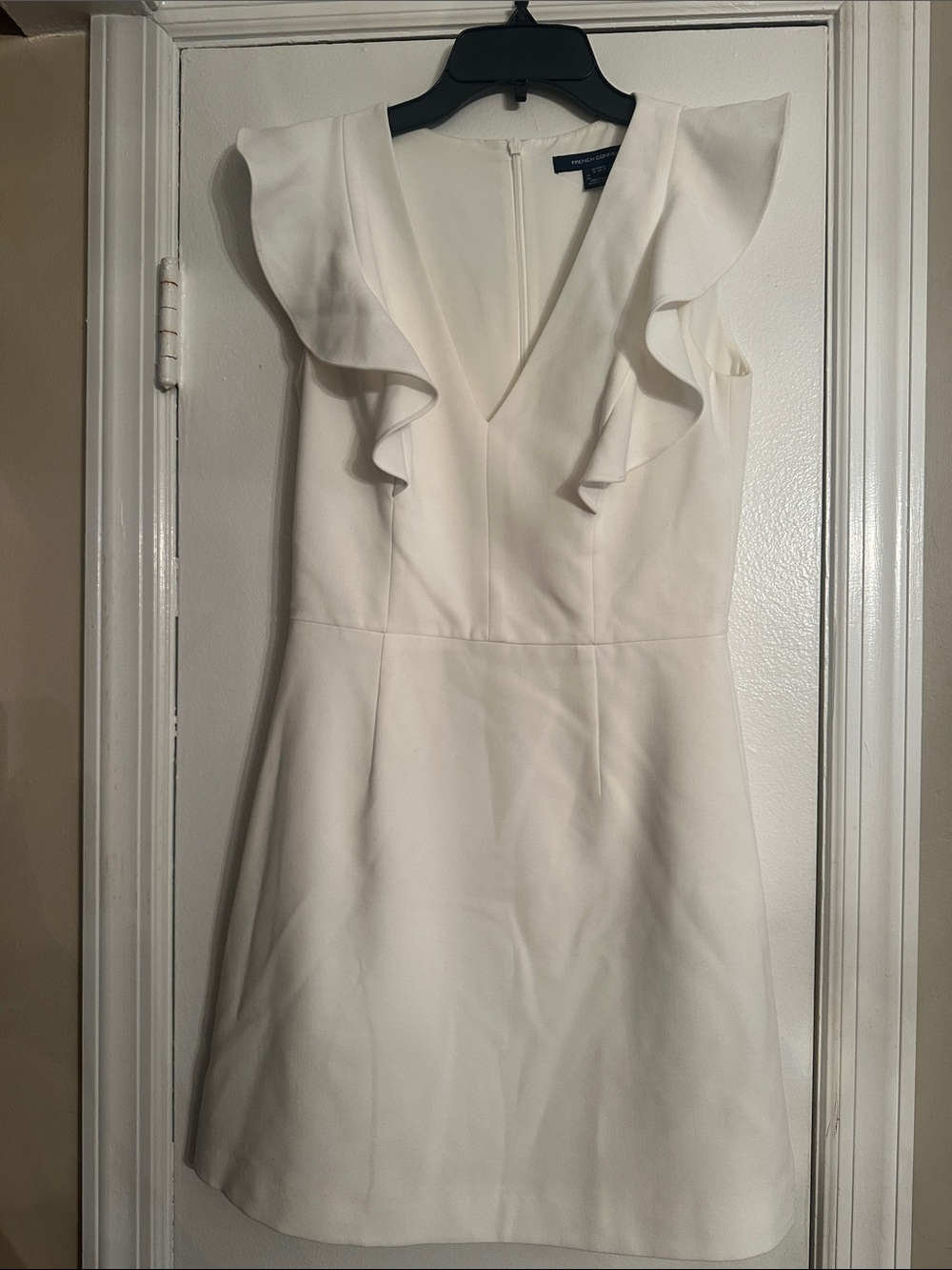 French Connection White Ruffle V-Neck Mini Dress